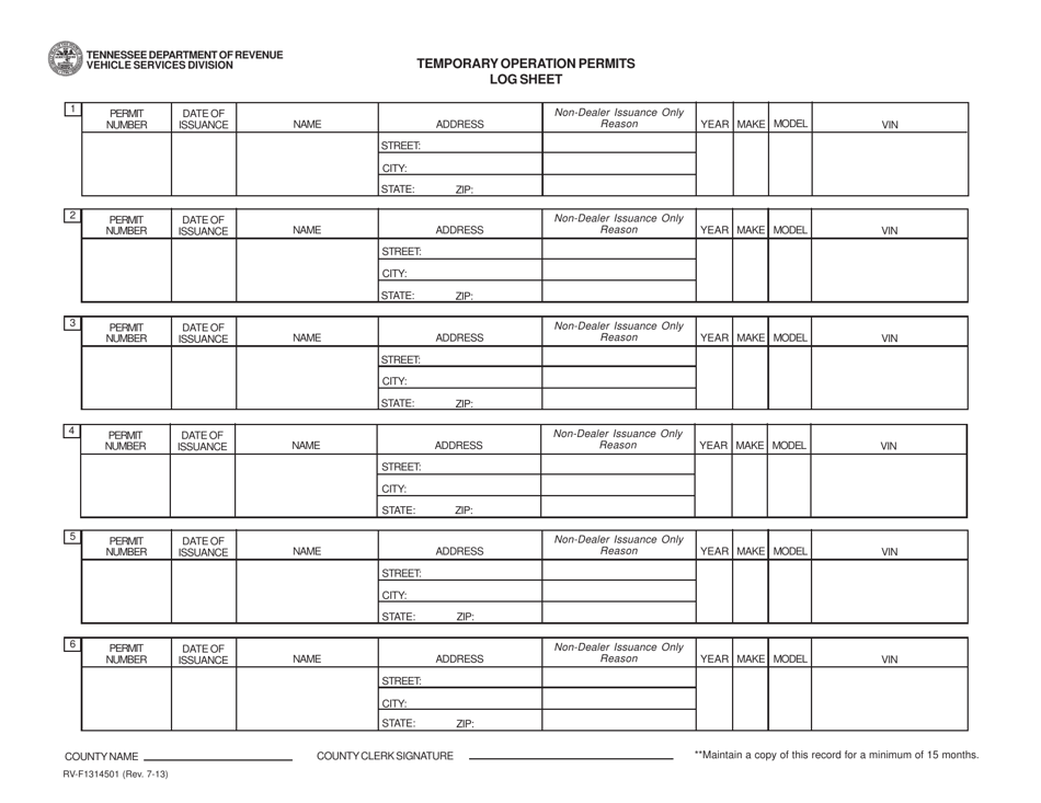 Form RV-F1314501 Temporary Operation Permits Log Sheet - Tennessee, Page 1