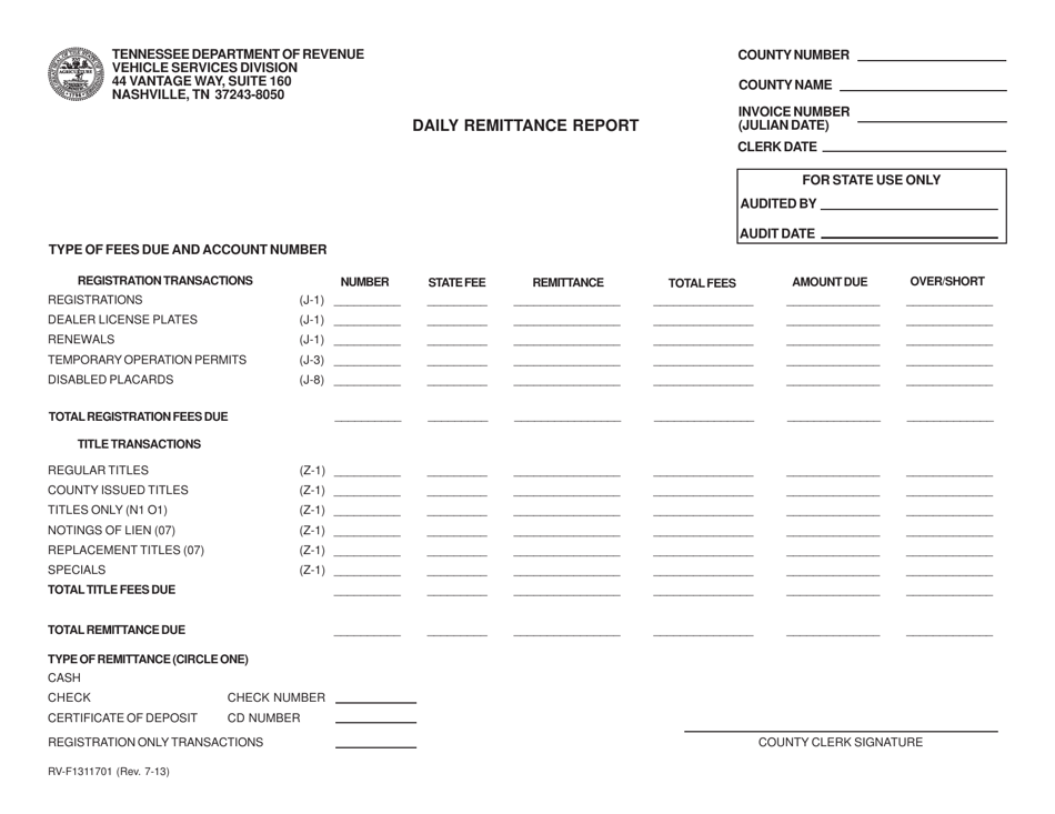 Form RV-F1311701 Daily Remittance Report - Tennessee, Page 1