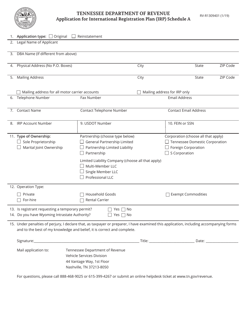 Form RV-R1309401 Schedule A Application for International Registration Plan (Irp) - Tennessee, Page 1