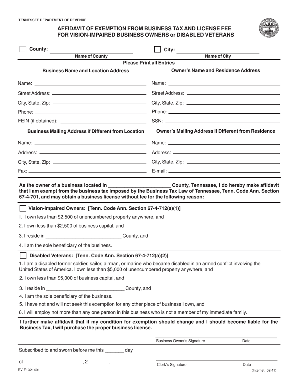 Form RV-F1321401 Affidavit of Exemption From Business Tax and License Fee for Vision-Impaired Business Owners or Disabled Veterans - Tennessee, Page 1