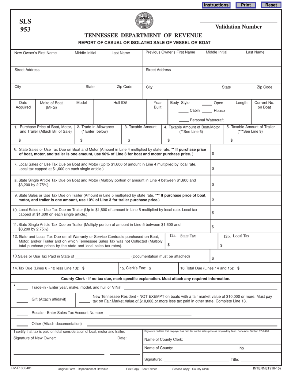 Form RV-F1303401 (SLS953) Report of Casual or Isolated Sale of Vessel or Boat - Tennessee, Page 1