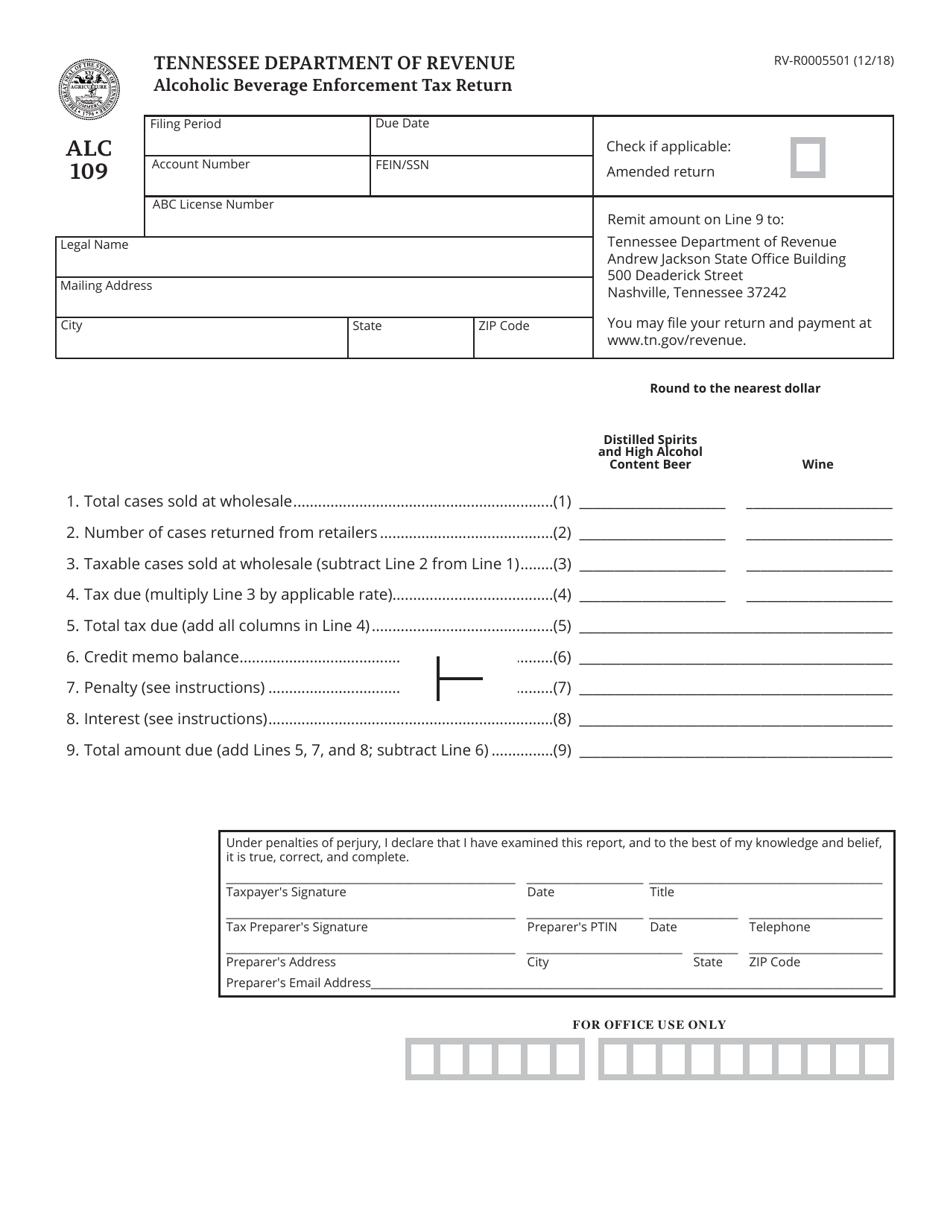 Form RV-R0005501 (ALC109) Alcoholic Beverage Enforcement Tax Return - Tennessee, Page 1