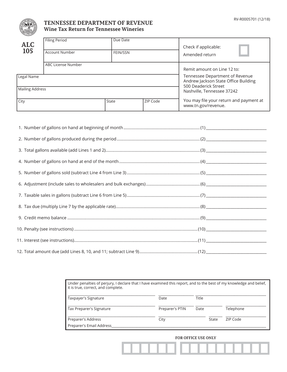 Form RV-R0005701 (ALC105) Wine Tax Return for Tennessee Wineries - Tennessee, Page 1