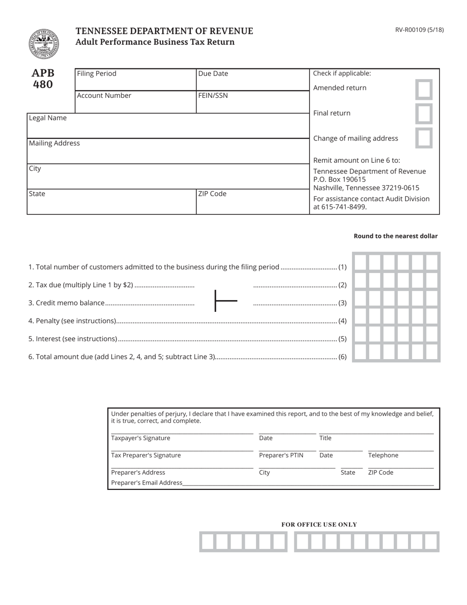 Form RV-R00109 (APB480) Adult Performance Business Tax Return - Tennessee, Page 1