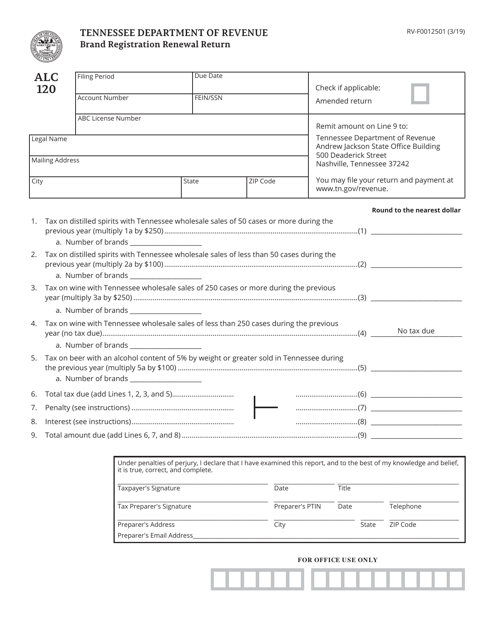 Form RV-F0012501 (ALC120) Brand Registration Renewal Return - Tennessee