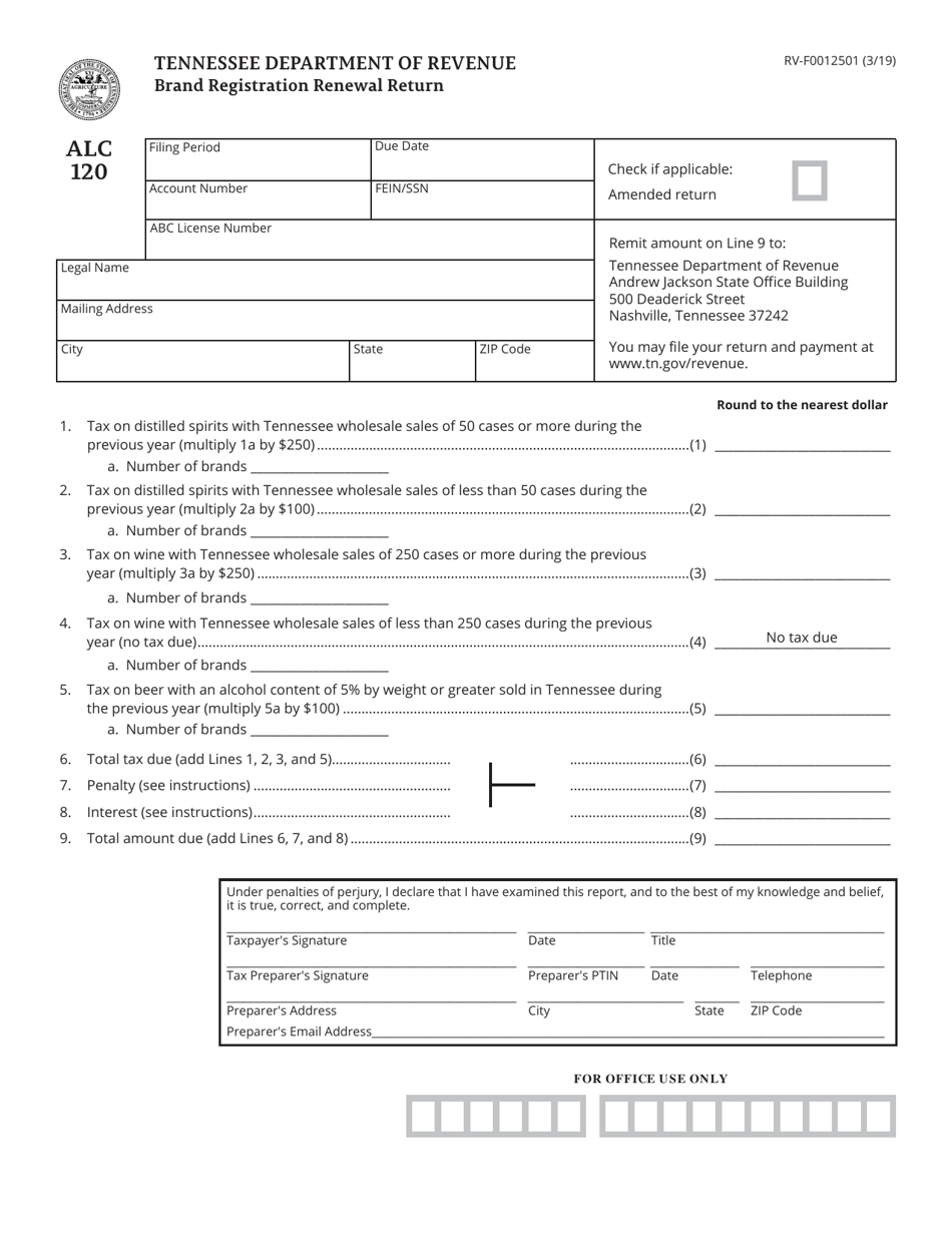 Form RV-F0012501 (ALC120) Brand Registration Renewal Return - Tennessee, Page 1
