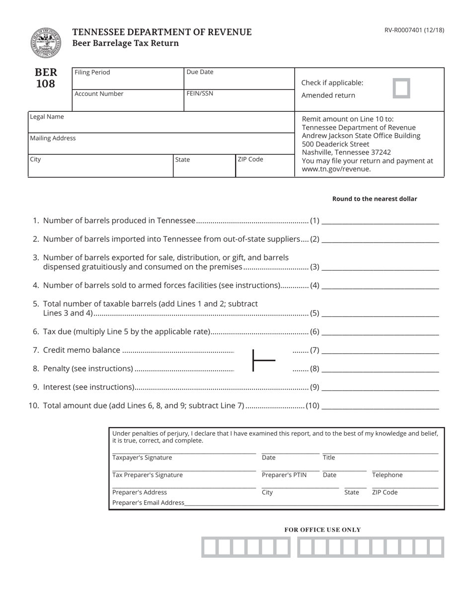 Form RV-R0007401 (BER108) Beer Barrelage Tax Return - Tennessee, Page 1