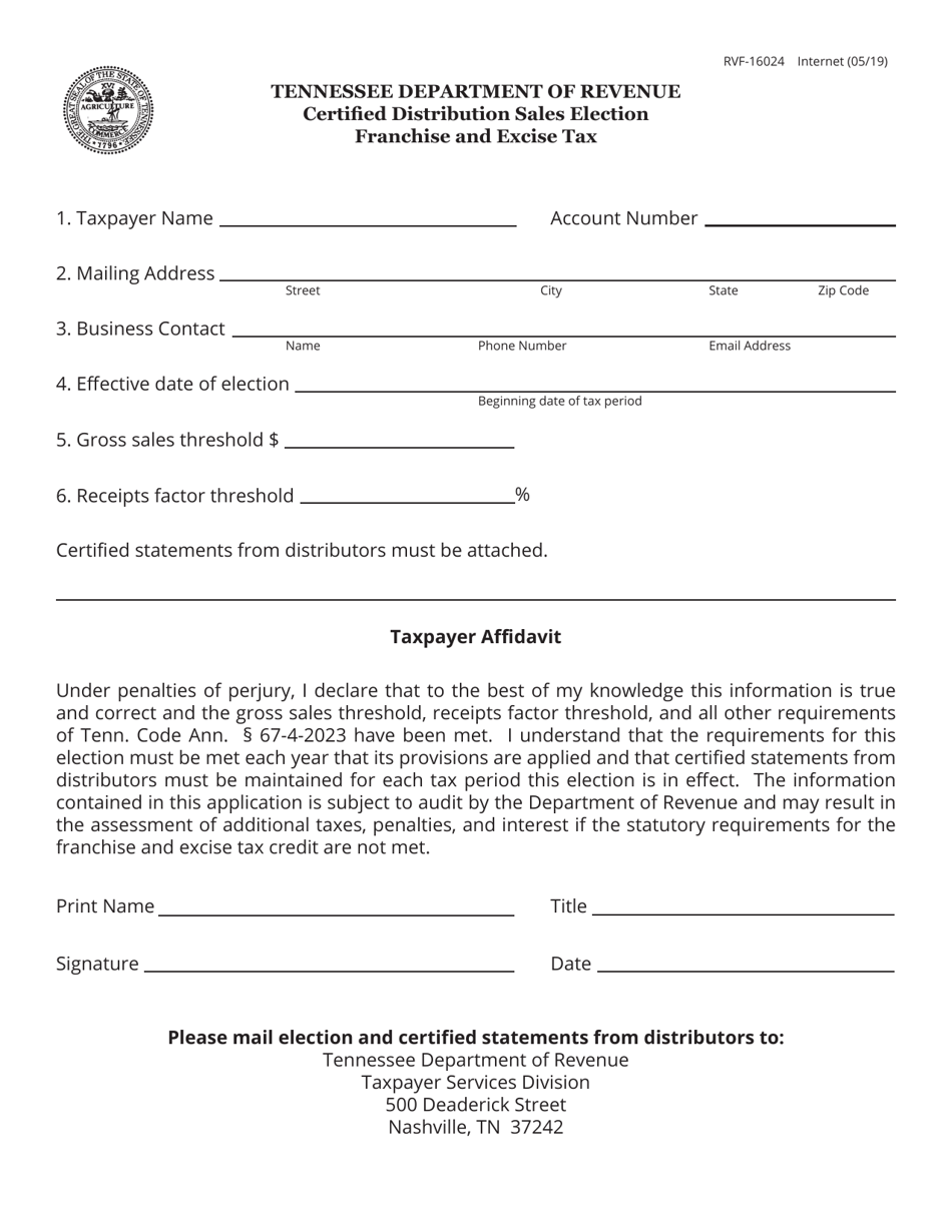 Form RVF-16024 Certified Distribution Sales Election - Tennessee, Page 1