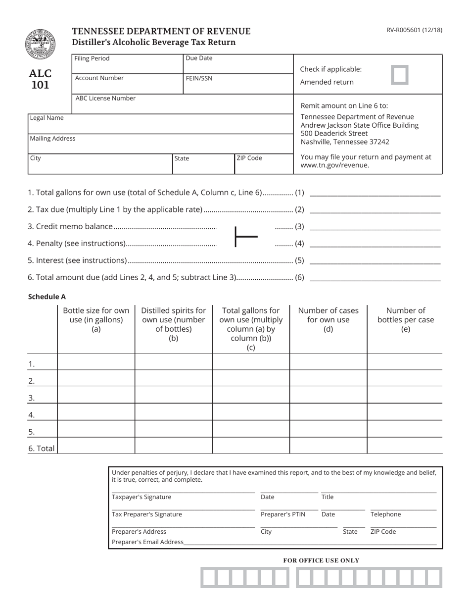 Form RV-R005601 (ALC101) Distillers Alcoholic Beverage Tax Return - Tennessee, Page 1