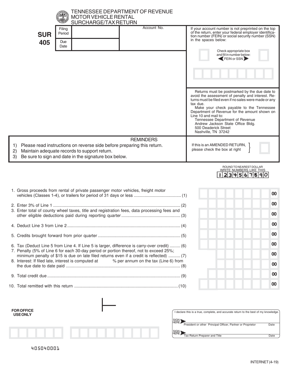 Form SUR-405 Motor Vehicle Rental Surcharge / Tax Return - Tennessee, Page 1