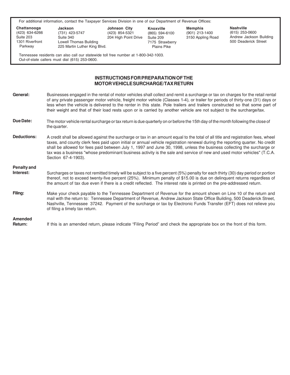 Form SUR-405 Motor Vehicle Rental Surcharge / Tax Return - Tennessee, Page 2
