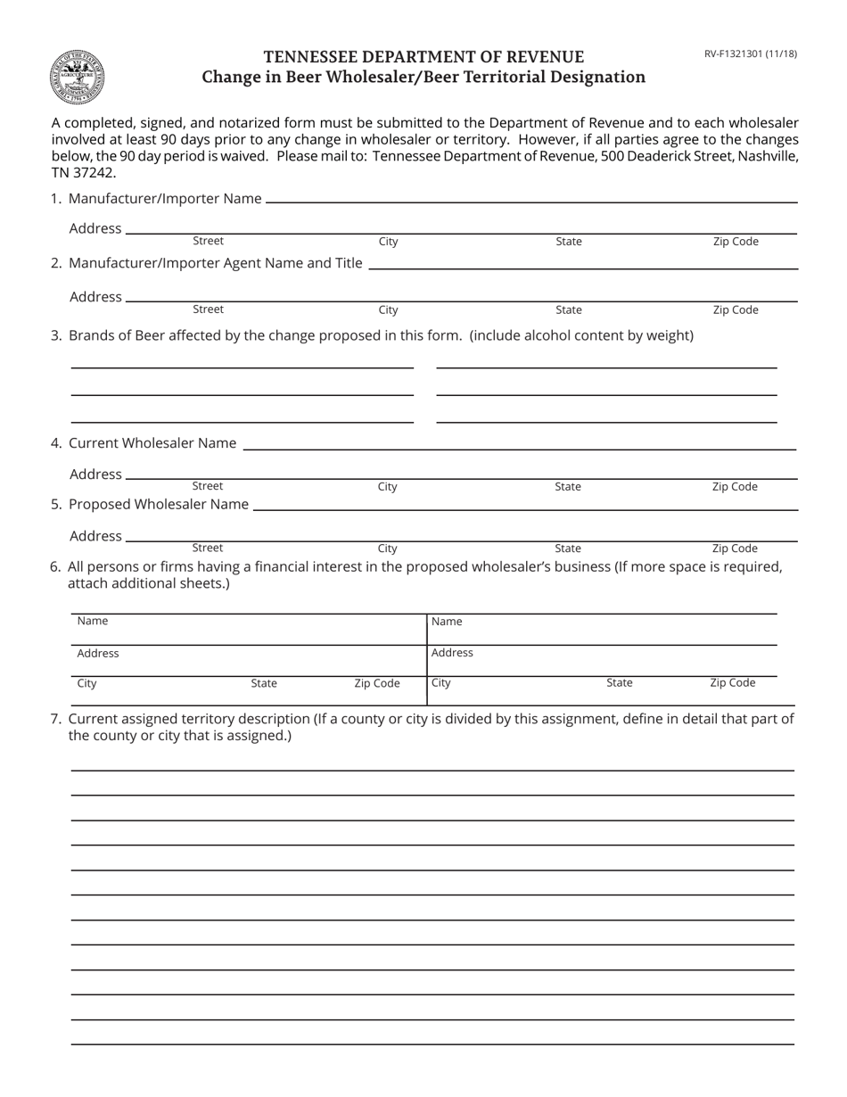 Form RV-F1321301 Change in Beer Wholesaler / Beer Territorial Designation - Tennessee, Page 1