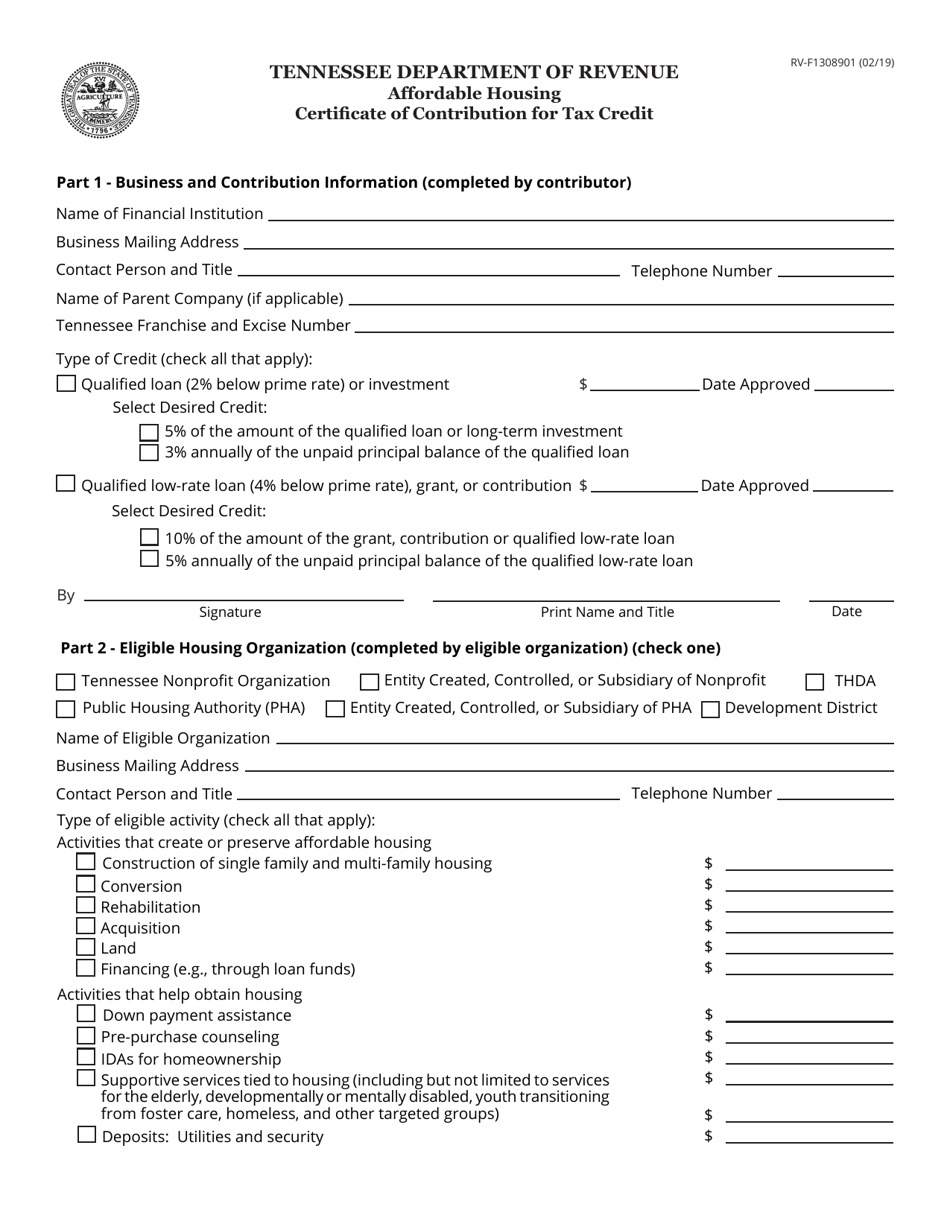 Form RV-F1308901 Affordable Housing Certificate of Contribution for Tax Credit - Tennessee, Page 1
