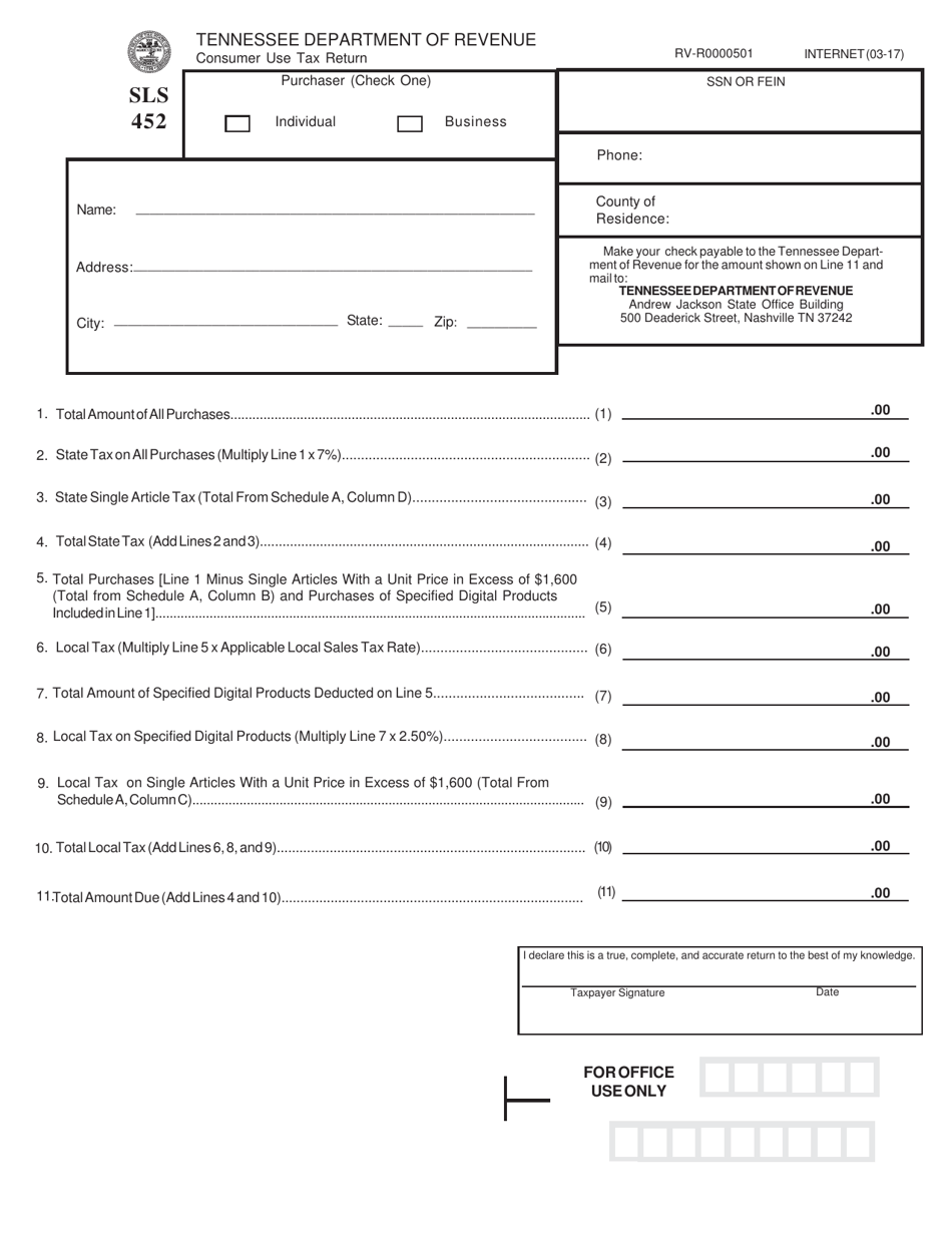 Form RV-R0000501 (SLS452) Consumer Use Tax Return - Tennessee, Page 1