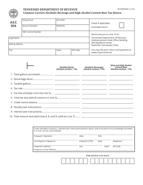 Form RV-R0006001 (ALC104) Common Carriers Alcoholic Beverage and High Alcohol Content Beer Tax Return - Tennessee