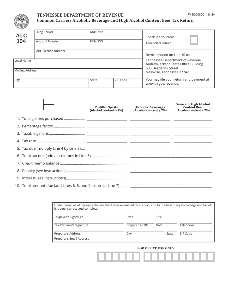 Form RV-R0006001 (ALC104) Common Carriers Alcoholic Beverage and High Alcohol Content Beer Tax Return - Tennessee, Page 1
