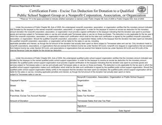 Document preview: Certification Form - Excise Tax Deduction for Donation to a Qualified Public School Support Group or a Nonprofit Corporation, Association, or Organization - Tennessee