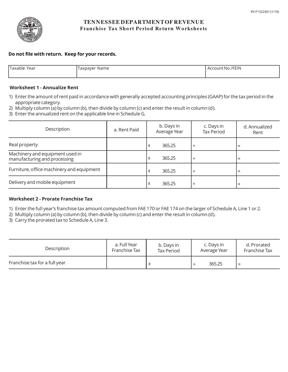 Form RV-F1322401 Franchise Tax Short Period Return Worksheets - Tennessee, Page 1