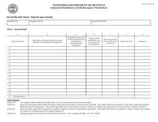 Document preview: Form RV-F01011 Industrial Machinery Credit Recapture Worksheet - Tennessee