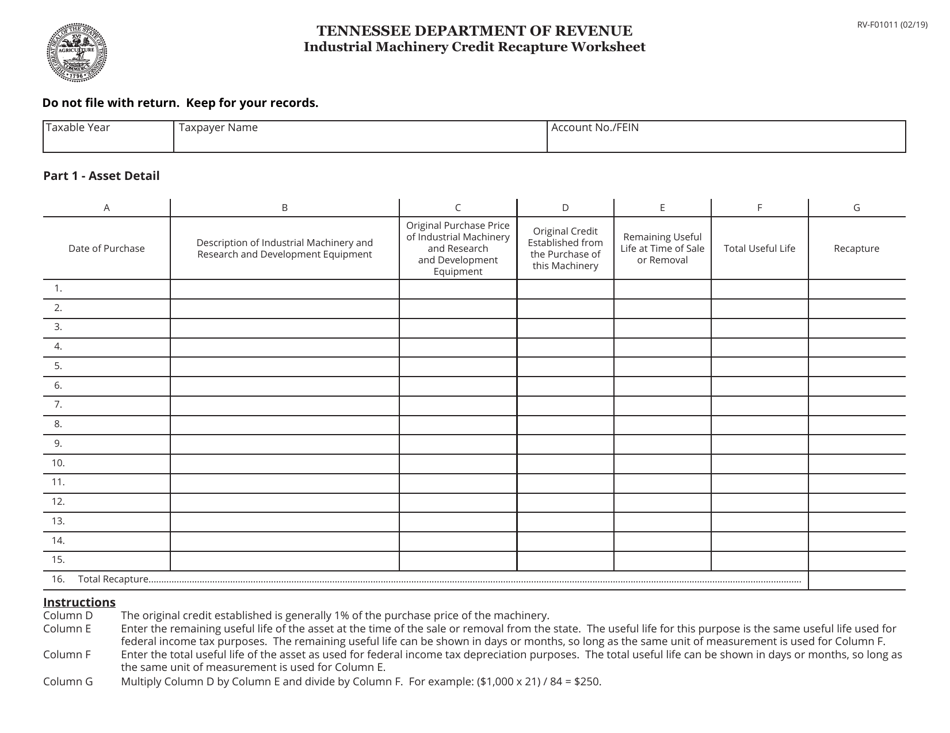 Form RV-F01011 Industrial Machinery Credit Recapture Worksheet - Tennessee, Page 1