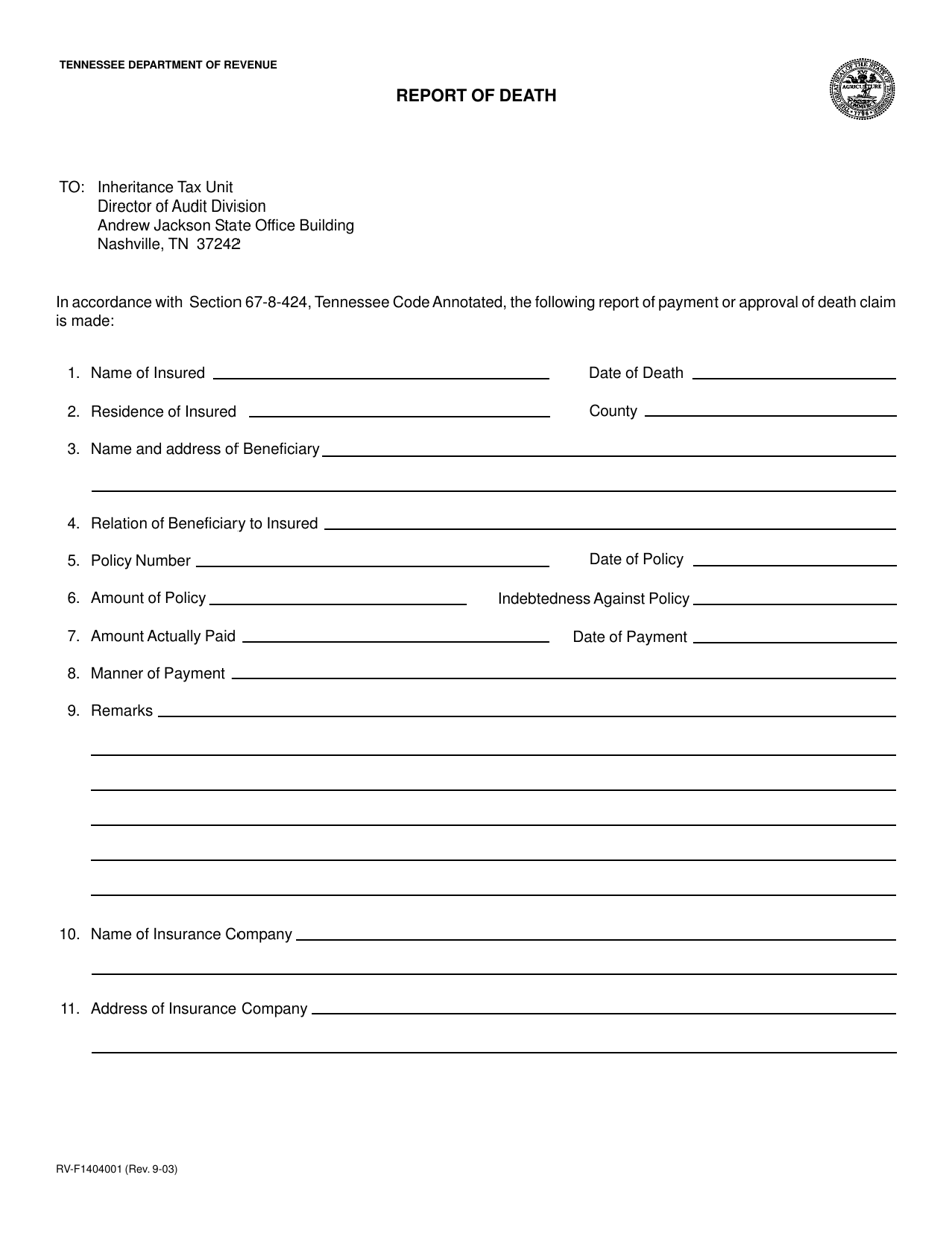 Form RV-F1404001 Report of Death - Tennessee, Page 1