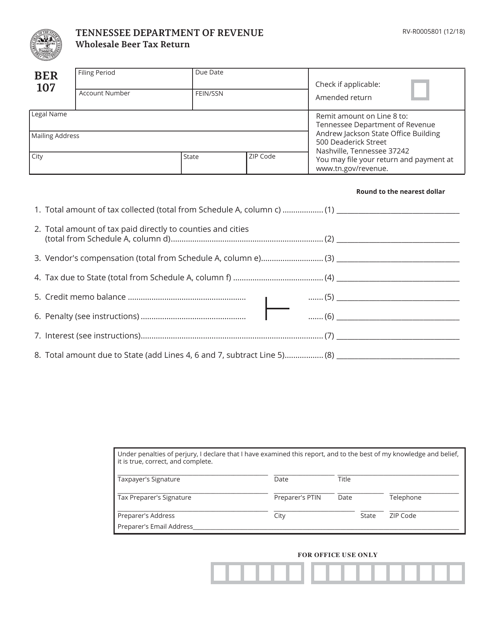 Form RV-R0005801 (BER107) Wholesale Beer Tax Return - Tennessee