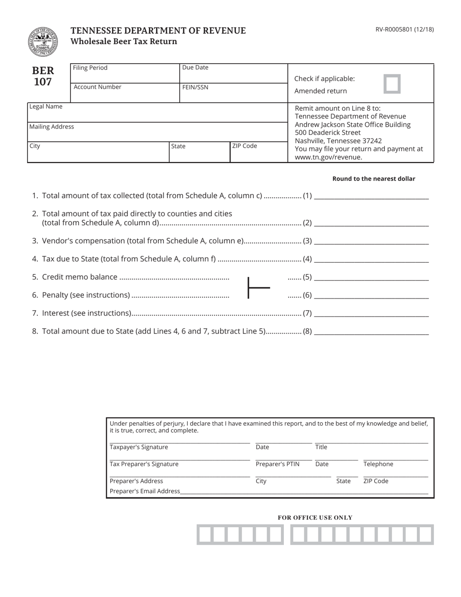 Form RV-R0005801 (BER107) Wholesale Beer Tax Return - Tennessee, Page 1