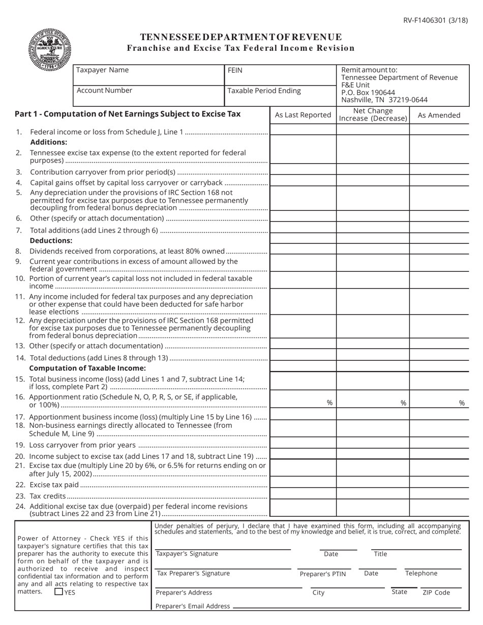 Form RV-F1406301 Franchise and Excise Tax Federal Income Revision - Tennessee, Page 1