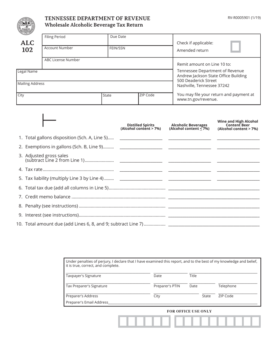 Form RV-R0005901 (ALC102) Wholesale Alcoholic Beverage Tax Return - Tennessee, Page 1