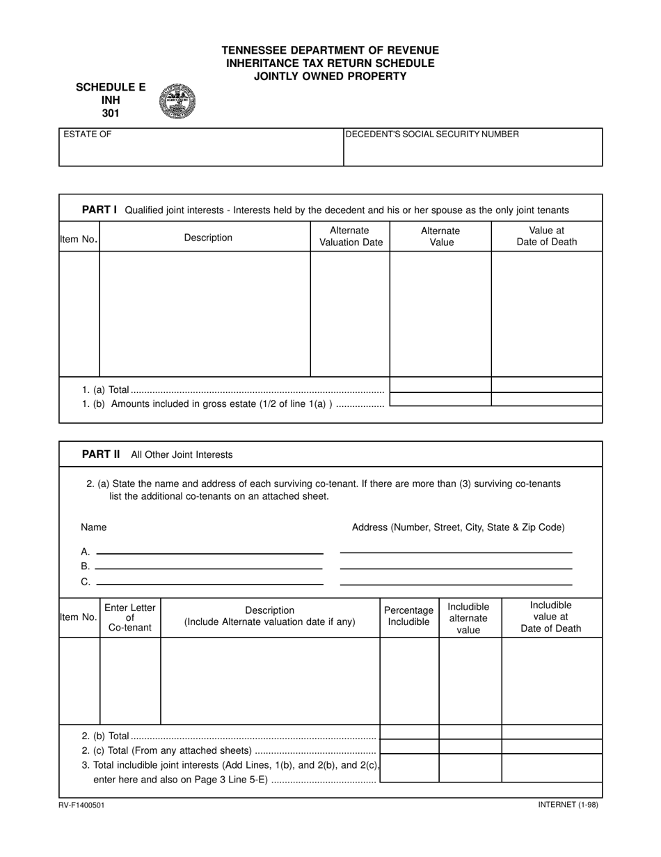 Form RV-F1400501 (INH301) Schedule E Inheritance Tax Return Schedule - Jointly Owned Property - Tennessee, Page 1