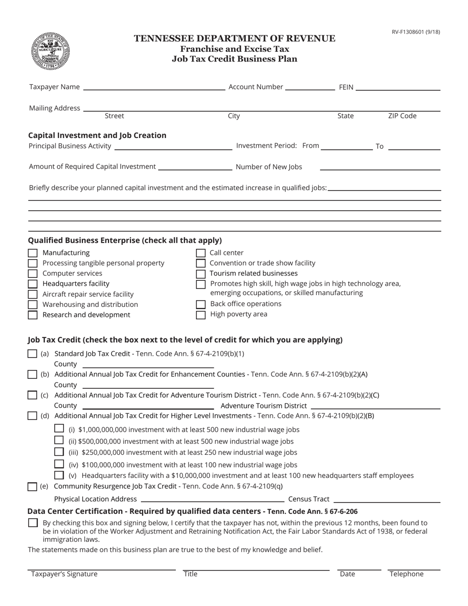 Form RV-F1308601 Job Tax Credit Business Plan - Tennessee, Page 1
