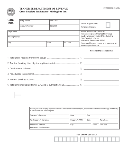 Form RV-R0003201 (GRO204) Gross Receipts Tax Return - Mixing Bar Tax - Tennessee