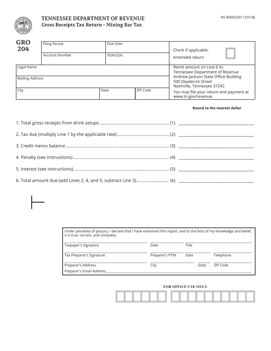 Form RV-R0003201 (GRO204) Gross Receipts Tax Return - Mixing Bar Tax - Tennessee, Page 1
