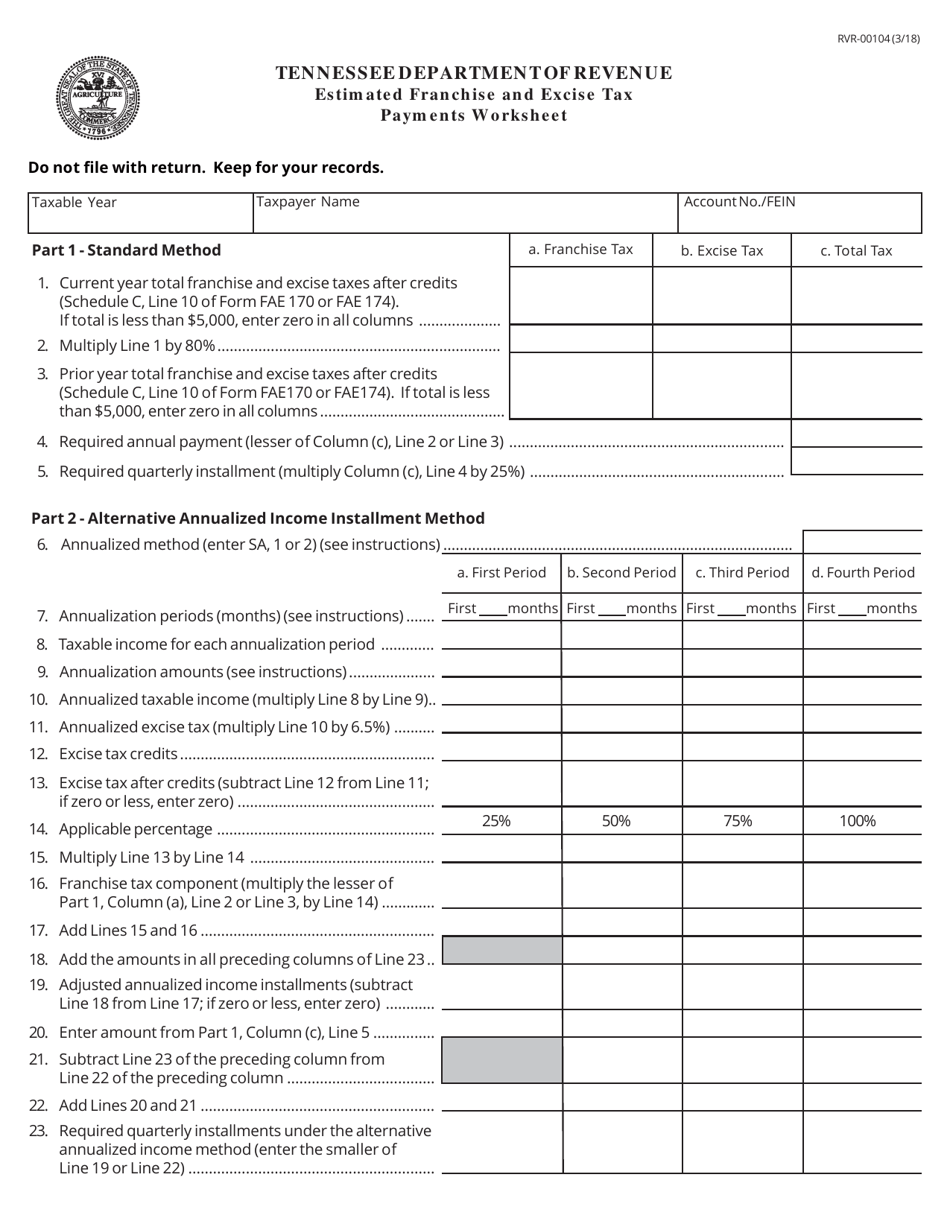 Form RVR-00104 Estimated Franchise and Excise Tax Payments Worksheet - Tennessee, Page 1
