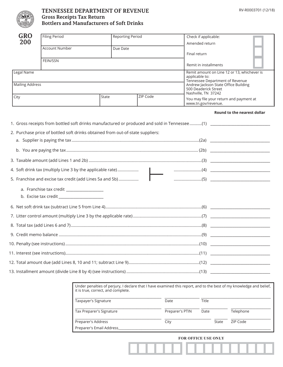 Form GRO200 (RV-R0003701) Gross Receipts Tax Return - Bottlers and Manufacturers of Soft Drinks - Tennessee, Page 1