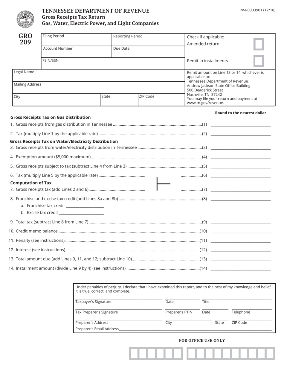 Form GRO209 (RV-R0003901) Gross Receipts Tax Return - Gas, Water, Electric Power, and Light Companies - Tennessee, Page 1