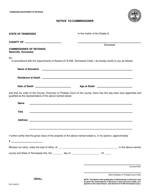 Form RV-F1402701 Notice to Commissioner - Tennessee