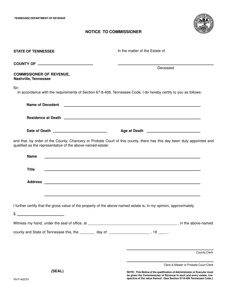 Form RV-F1402701 Notice to Commissioner - Tennessee, Page 1