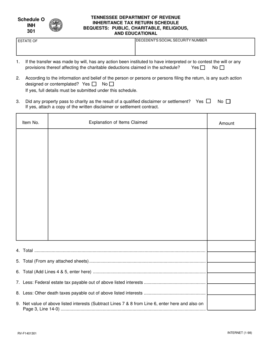 Form RV-F1401301 (INH301) Schedule O Inheritance Tax Return Schedule - Bequests: Public, Charitable, Religious, and Educational - Tennessee, Page 1
