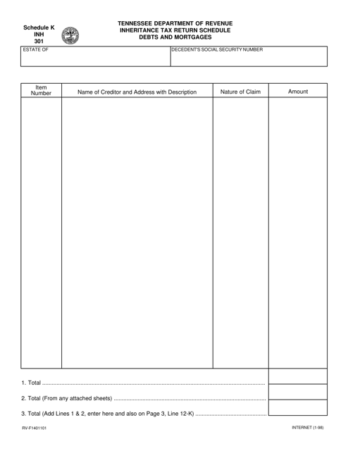 Form RV-F1401101 (INH301) Schedule K  Printable Pdf