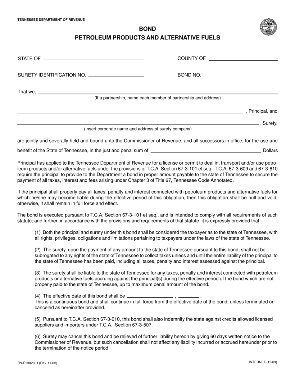 Form RV-F1302001 Bond - Petroleum Products and Alternative Fuels - Tennessee, Page 1