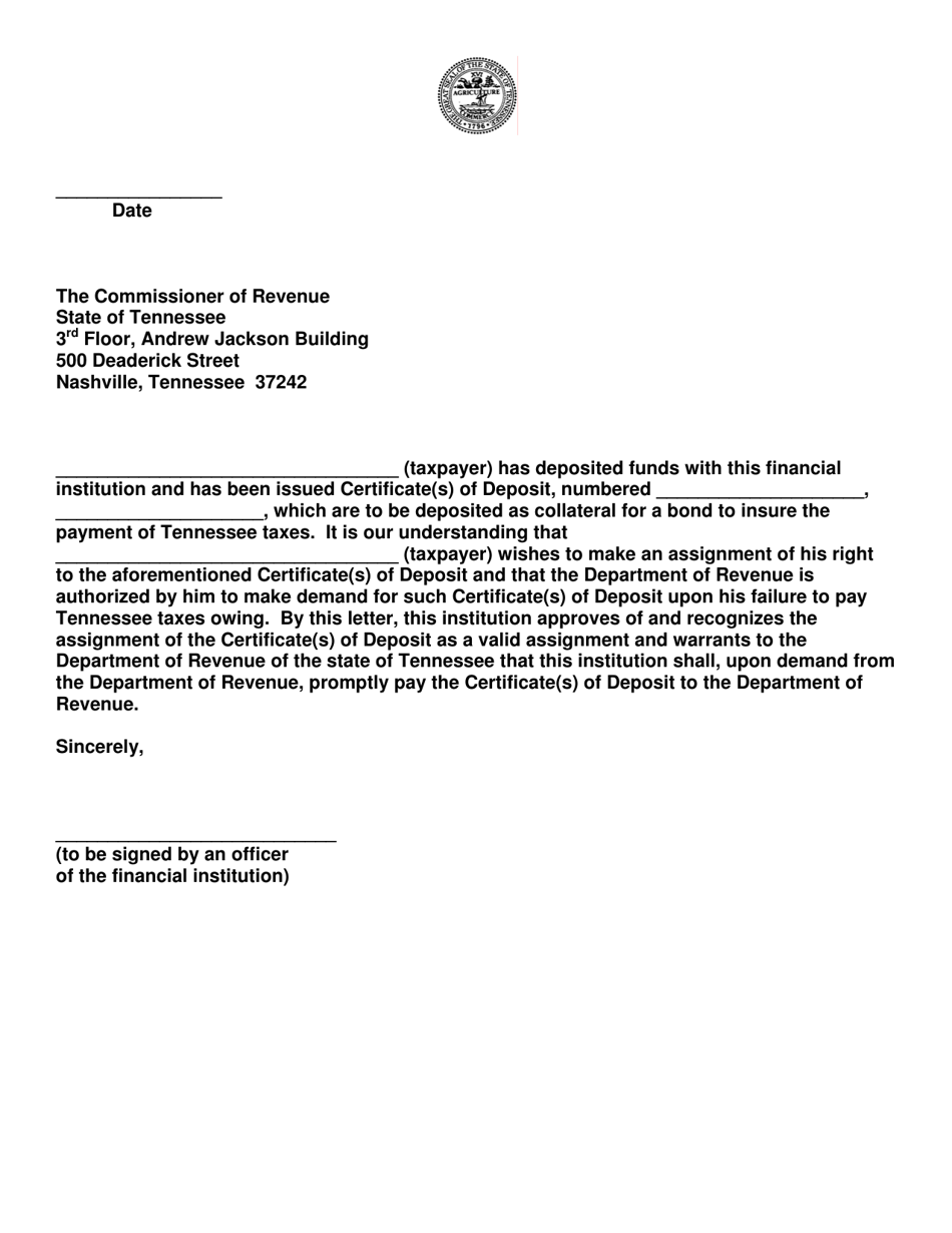 Form RV-F1307501 Pledge of Collateral to the Department of Revenue of the State of Tennessee - Tennessee, Page 1