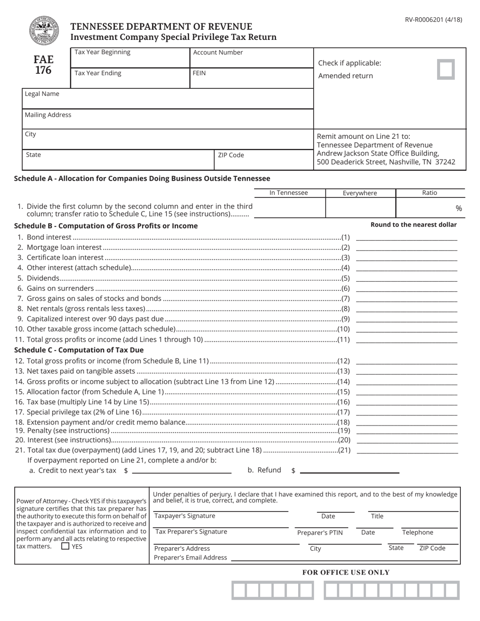 Form RV-R0006201 (FAE176) Investment Company Special Privilege Tax Return - Tennessee, Page 1