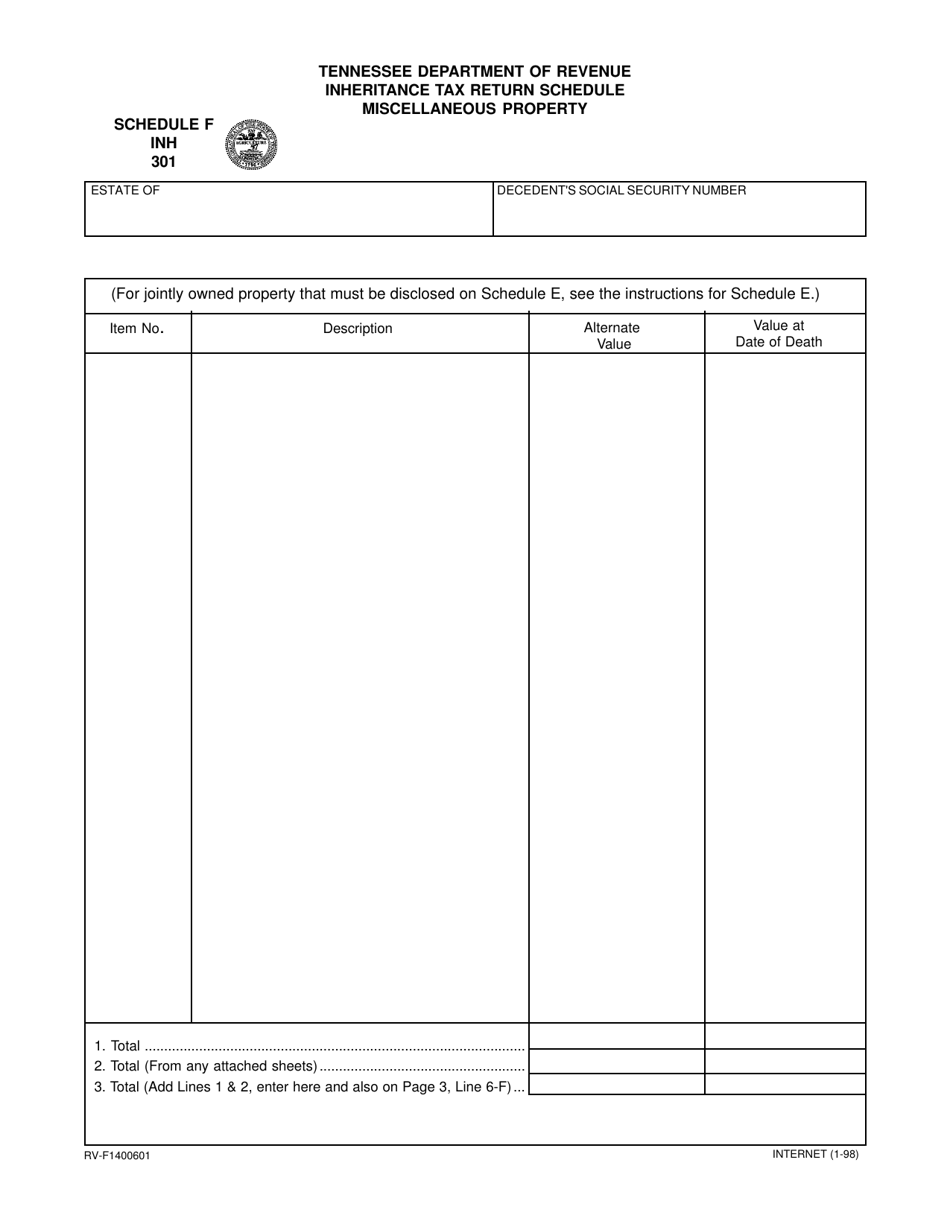 Form RV-F1400601 (INH301) Schedule F Inheritance Tax Return Schedule - Miscellaneous Property - Tennessee, Page 1