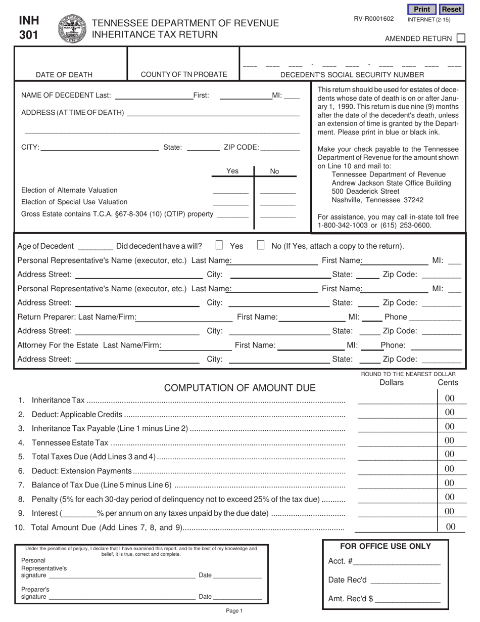 Form RV-R0001602 (INH301) Inheritance Tax Return - Tennessee, Page 1