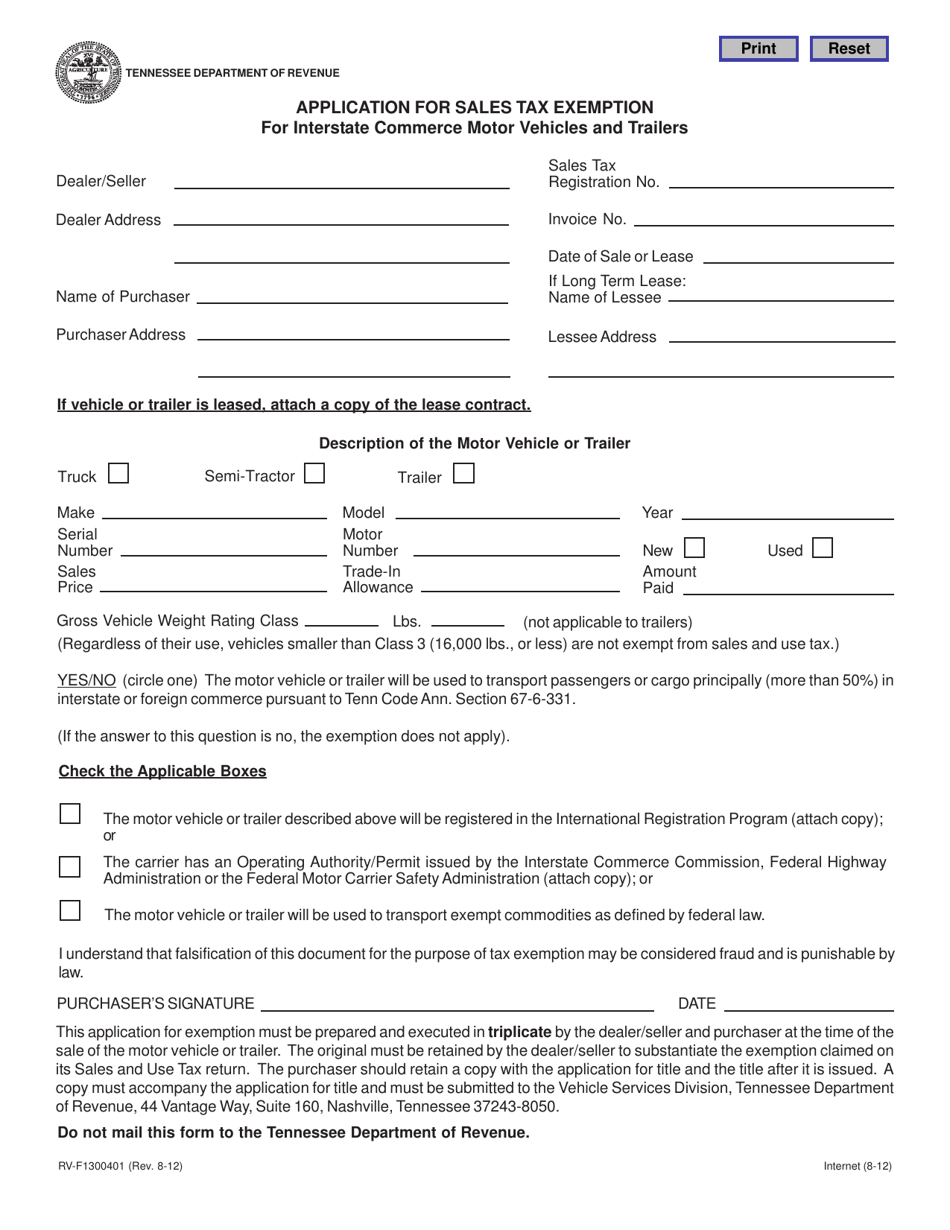 Form RV-F1300401 Application for Sales Tax Exemption for Interstate Commerce Motor Vehicles and Trailers - Tennessee, Page 1
