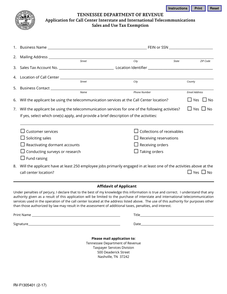 Form RV-F1305401 Application for Call Center Interstate and International Telecommunications Sales and Use Tax Exemption - Tennessee, Page 1
