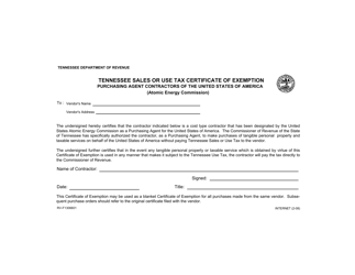 Document preview: Form RV-F1306601 Tennessee Sales or Use Tax Certificate of Exemption Purchasing Agent Contractors of the United States of America (Atomic Energy Commission) - Tennessee