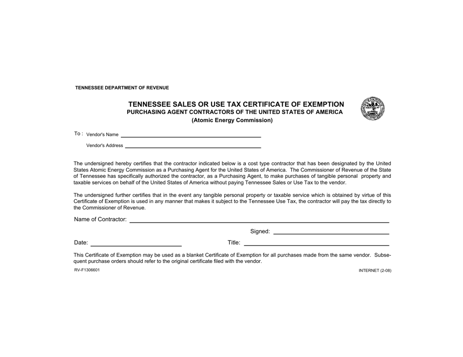 Form RV-F1306601 Tennessee Sales or Use Tax Certificate of Exemption Purchasing Agent Contractors of the United States of America (Atomic Energy Commission) - Tennessee, Page 1