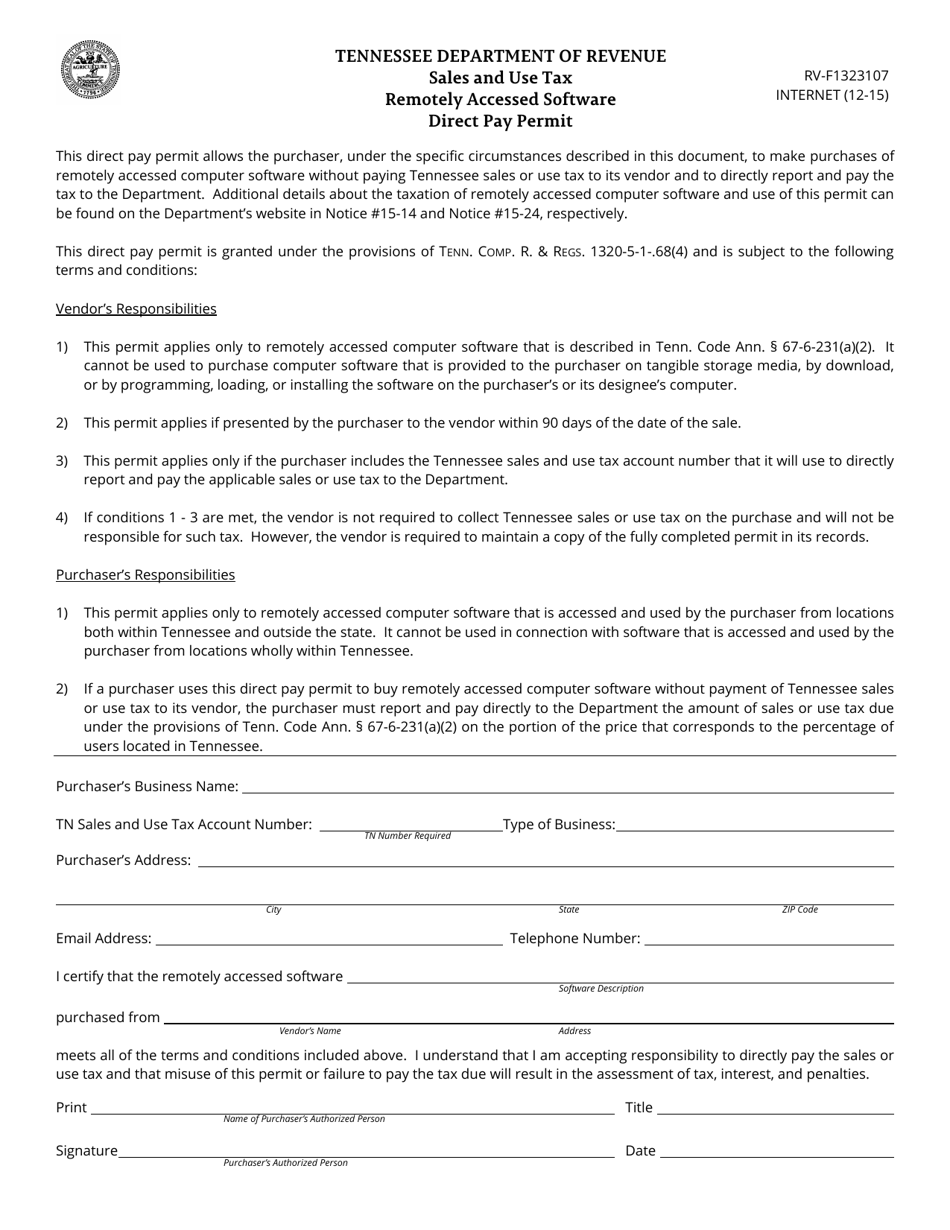 Form RV-F1323107 Remotely Accessed Software Direct Pay Permit - Tennessee, Page 1